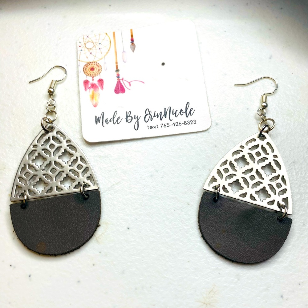 Handcrafted Filigree and Leather Teardrop Earrings
